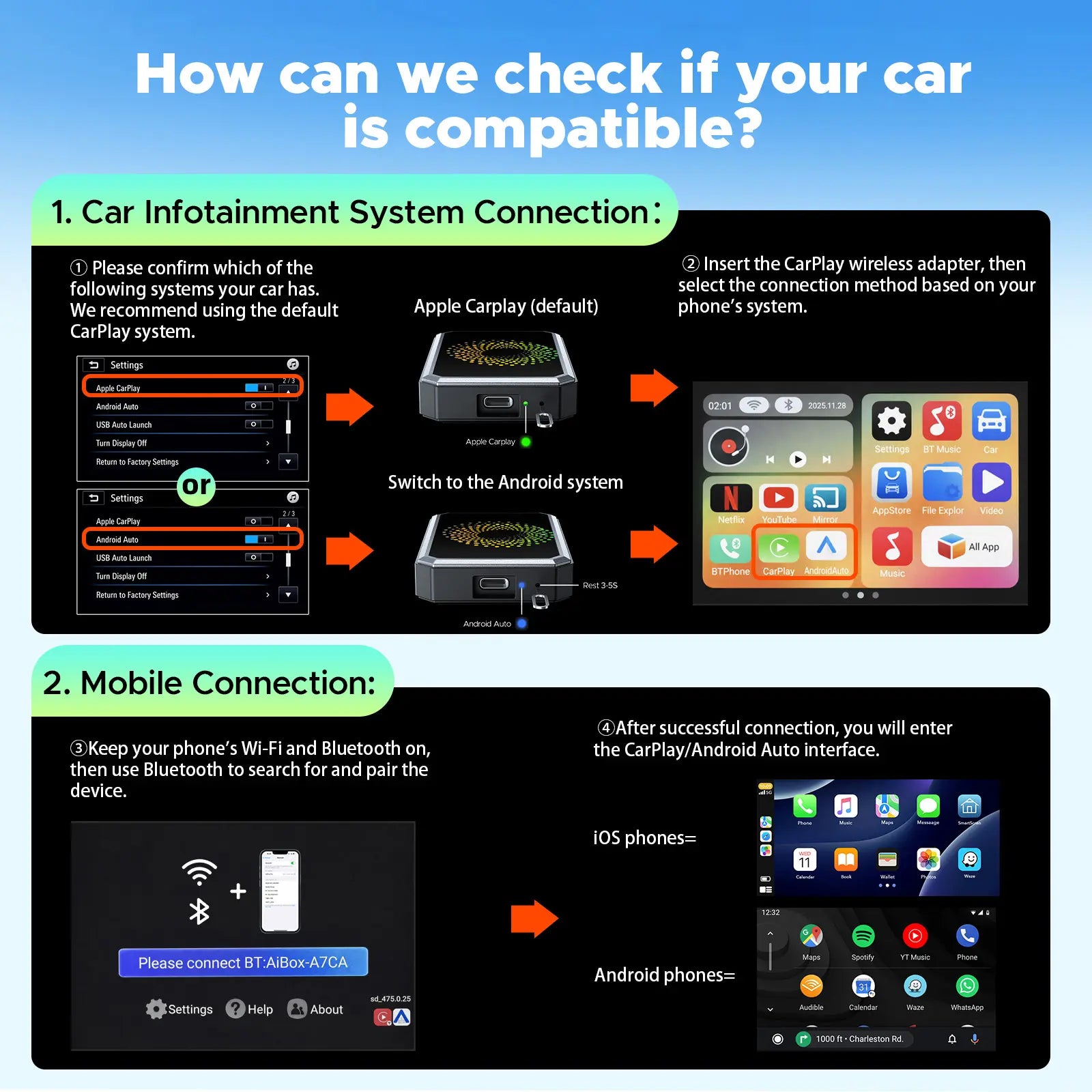 Wired CarPlay to Wireless Adapter - Built-in Android System for Netflix/YouTube/TikTok